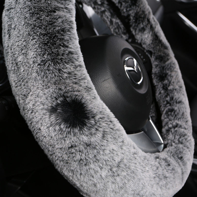 Rabbit plush car steering wheel cover Winter three-piece set non-slip breathable shorthair handle cover universal warm car handle cover