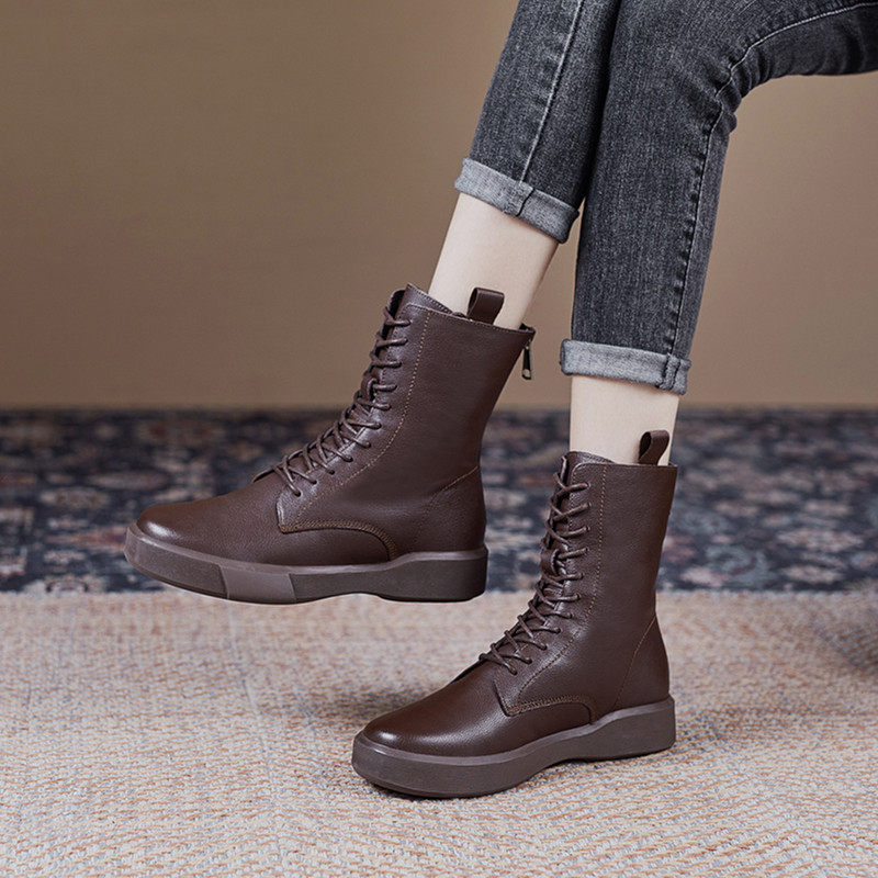 Genuine leather Martin boots ladies retro 2022 autumn and winter soft bottom soft face Inn wind flat-bottomed short boots High cylinder casual cotton leather shoes
