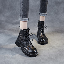 Hollowed-out Martin Boots Woman Summer High Help Cool Boots 22 New Breathable Bull Leather Cave Shoes Inglées Retro Short Boots Thick Heel