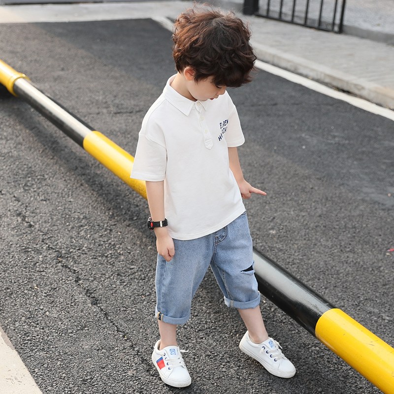 Boys summer clothes 2021 new suit children's foreign school clothes Korean version handsome boy summer cartoon tide children's clothing