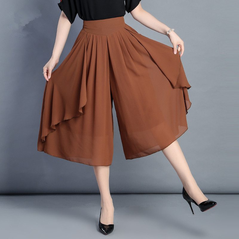 High-waisted culottes women's summer long version 2018 new Korean chiffon three-point pants thin section loose thin wide-leg trouser skirt