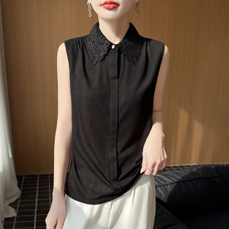 French Lace Lace-Up Collar Sleeveless Shirt for Women, White Knitted Vest T-Shirt with Suit as Inner Layer and Base Layer