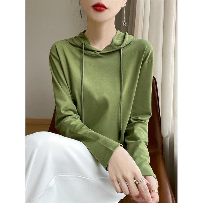 25 Spring and Autumn Style 100% Pure Cotton Long-Sleeve T-Shirt Hoodie for Women, Solid Color Drawstring Hooded Sweatshirt, Loose Combed Cotton Top 25 Spring and Autumn Style 100% Pure Cotton Long-Sleeve T-Shirt Hoodie for Women, Solid Color Drawstring Hooded Sweatshirt, Loose Combed Cotton Top