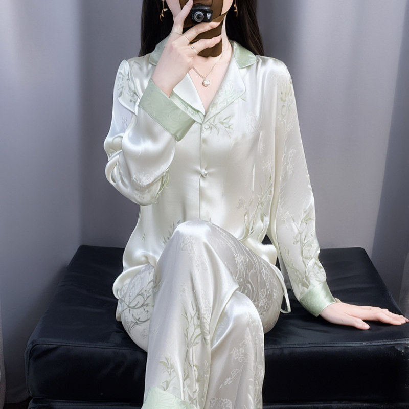 Japanese Gp Silk Pajamas for Women, Summer Long-Sleeved Long Pants Set, Mulberry Silk, French Light Luxury, High-End National Style Loungewear