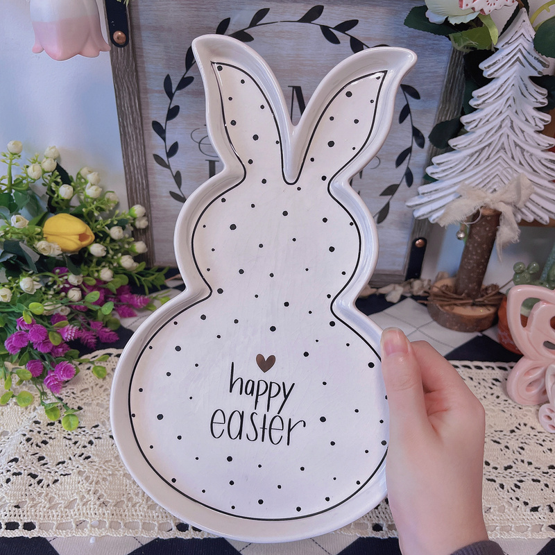 Ceramic Plate Easter Cartoon Rabbit Shape Plate Polka Dot Rabbit Plate Decorative Plate with Slight Flaws 38 