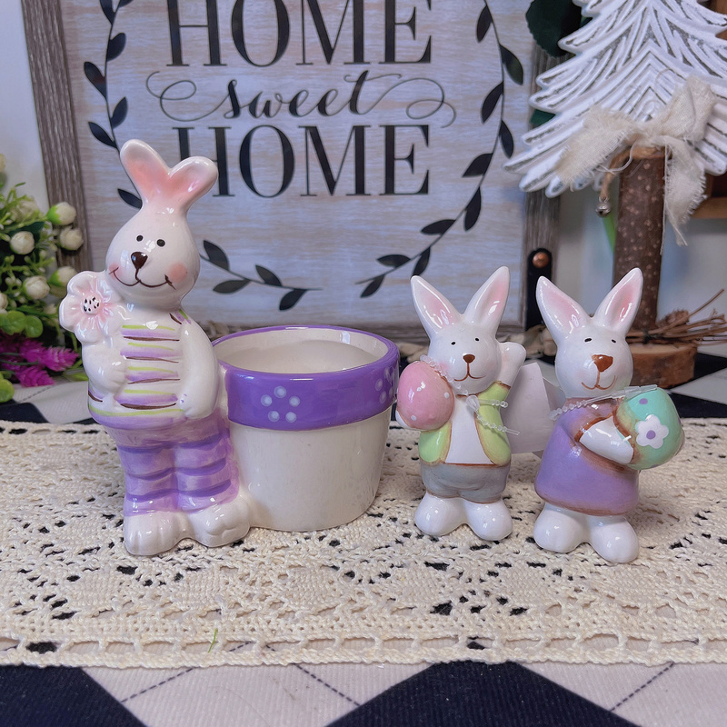 Ceramic Easter Bunny Flower Pot Porcelain Crafts Couple Bunny Figurines Garden Decorations Minor Flaws38 