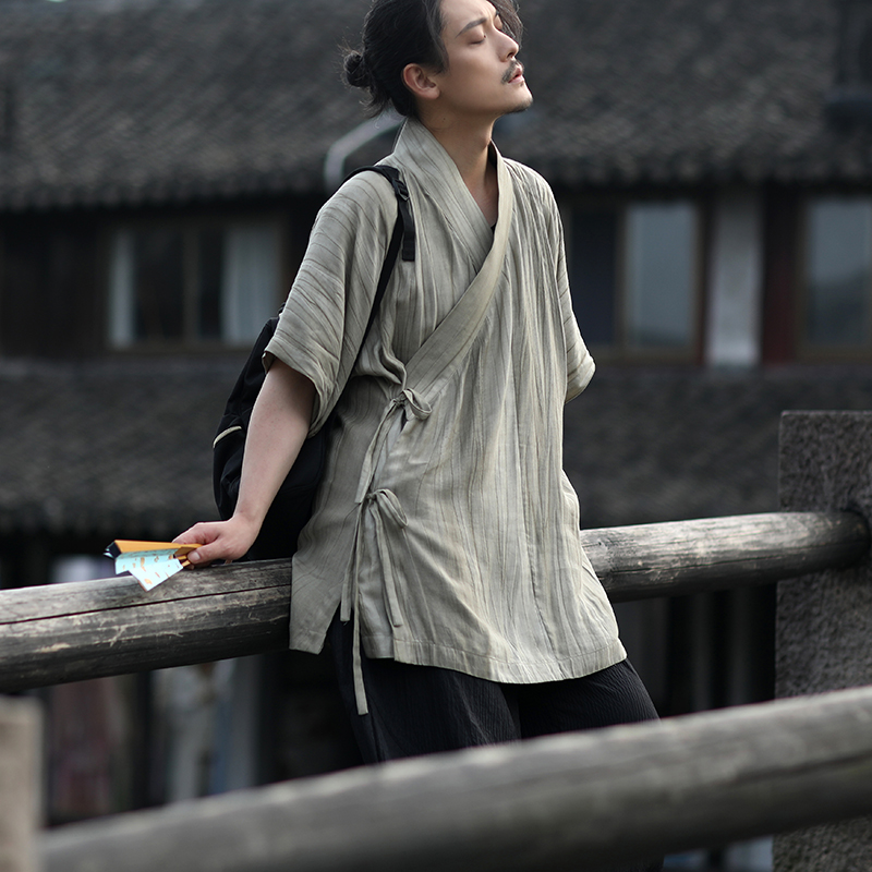 [Zihou•裋黒] 漢服 日常 明朝風 裋黒 クロスカラーシャツ 半袖 夏 涼しい 綿麻混紡生地