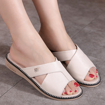 2021 summer leather size slippers women wear 40-43 low heel flat fish mouth comfortable sandaler new womens shoes