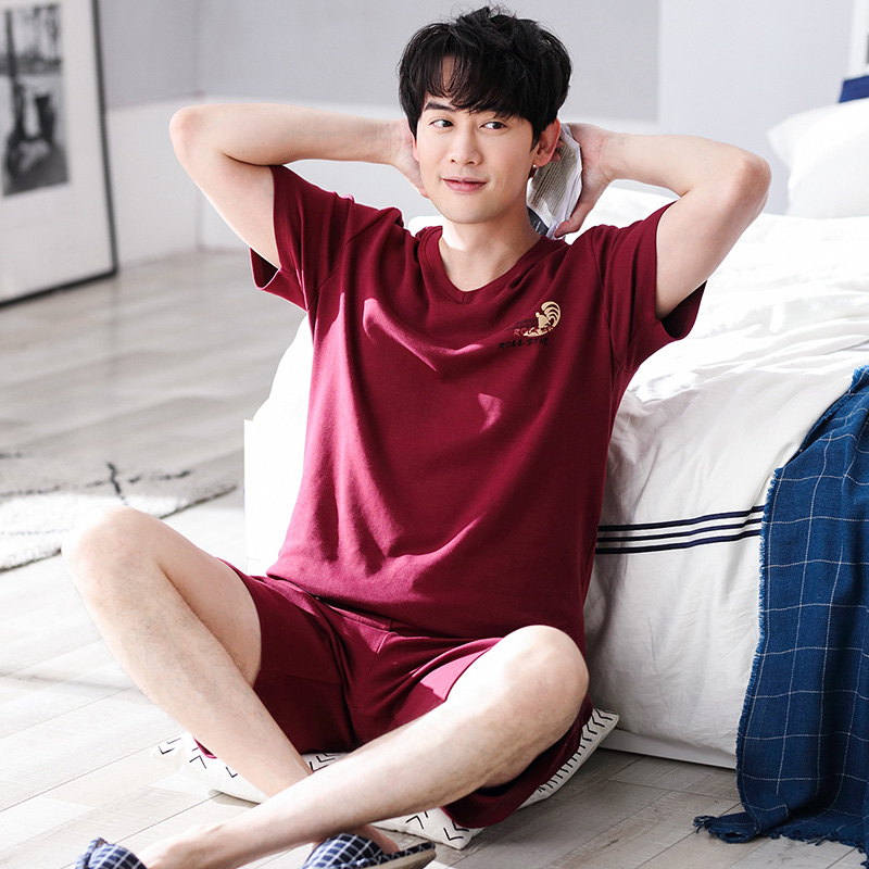 Wan Ruyu nước cotton mens mùa hè đồ ngủ mùa hè bông ngắn tay quần áo nhà mỏng đơn giản giản dị bộ ngắn tay.