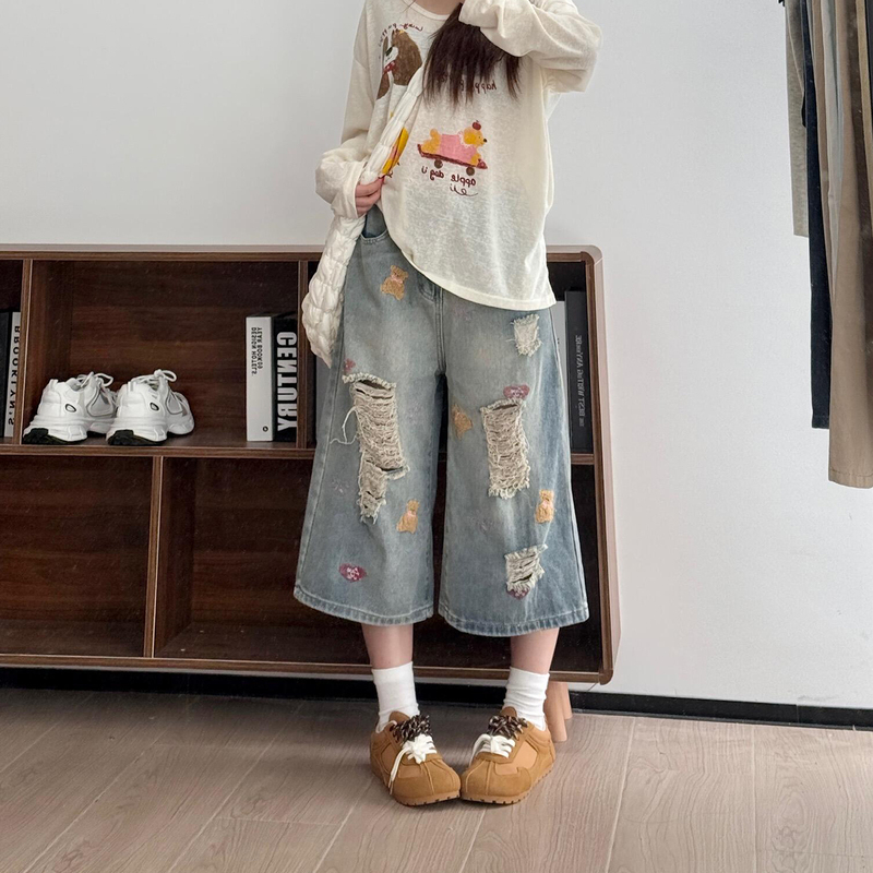 150kg Plus Size American Retro Hot Girl Ripped Denim Capri Pants for Women, High-Waisted, Slimming, Wide-Leg Mid-Length Pants
