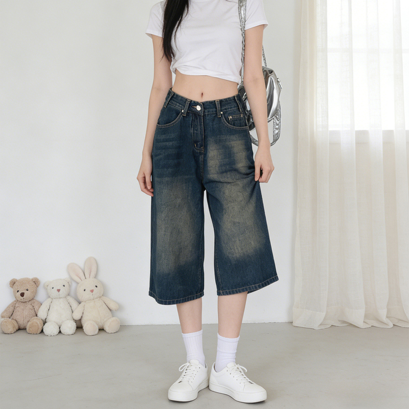 2026 Summer Plus Size American Retro Distressed Cropped Jeans for Women, Wide-Leg Slimming Loose Versatile Pants