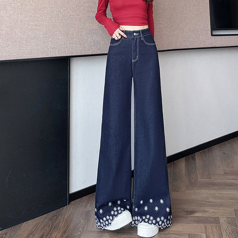 150kg Plus Size Embroidered Wide-Leg Stretch Jeans for Women, Summer High-Waisted Loose Slimming Dark Blue Long Pants