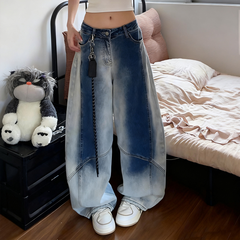2025 Autumn Plus Size Gradient Washed Scimitar Jeans for Women, Loose Fit, Slimming, Versatile Street Style Wide Leg Pants