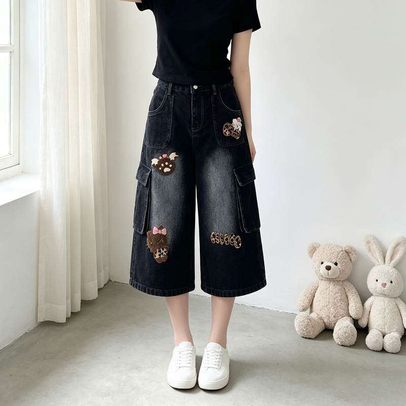 150kg Plus Size Vintage Black Embroidered Denim Wide-Leg Pants for Women High-Waisted Hip-Covering Slimming Workwear Capri Pants