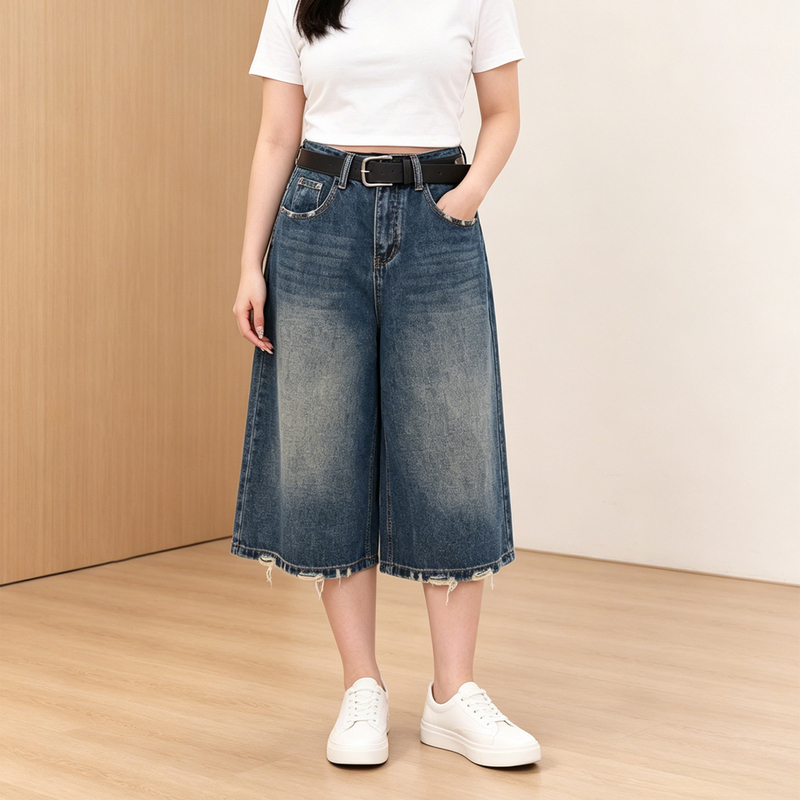 150kg Plus Size Vintage Washed Wide-Leg Jeans for Women, Summer High-Waisted Loose Cropped Pants for Petite Figures 150kg Plus Size Vintage Washed Wide-Leg Jeans for Women, Summer High-Waisted Loose Cropped Pants for Petite Figures