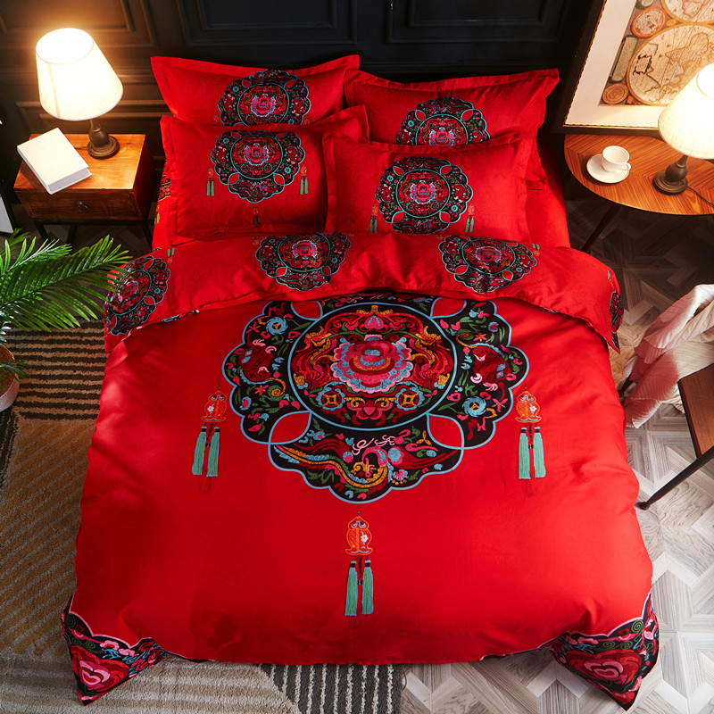 Cặp vợ chồng màu hồng mẫu bốn mảnh đặt đôi hoa hồng lãng mạn chú rể cô dâu yêu tấm hình trái tim chăn chăn - Bộ đồ giường bốn mảnh chăn ga gối everon