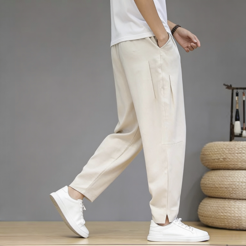 Kangshi Yishu American-Style Trendy Summer Casual Pants for Men, Loose and Thin Linen Versatile Cotton-Linen Long Pants