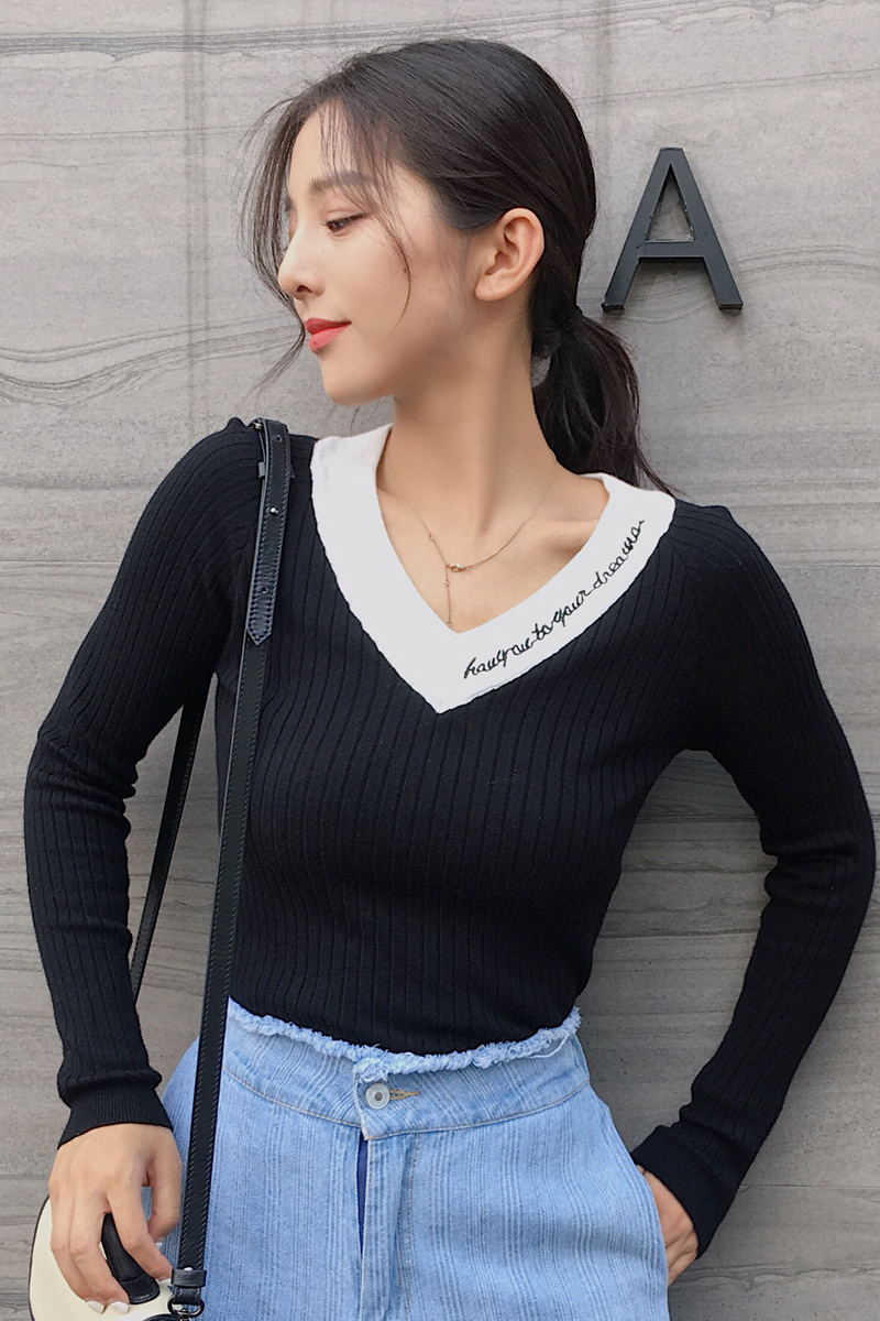 Xuân 2018 mới phần mỏng thon gọn thon gọn áo len thường xuyên áo len cổ chữ thêu cổ áo len mỏng shop quần áo nữ