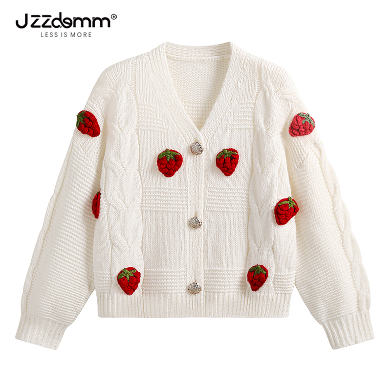 Kyushu Eslite/Jzzdemm Strawberry Knitted Sweater for Women, Spring and Autumn Style, Twist Design Knit Cardigan Top