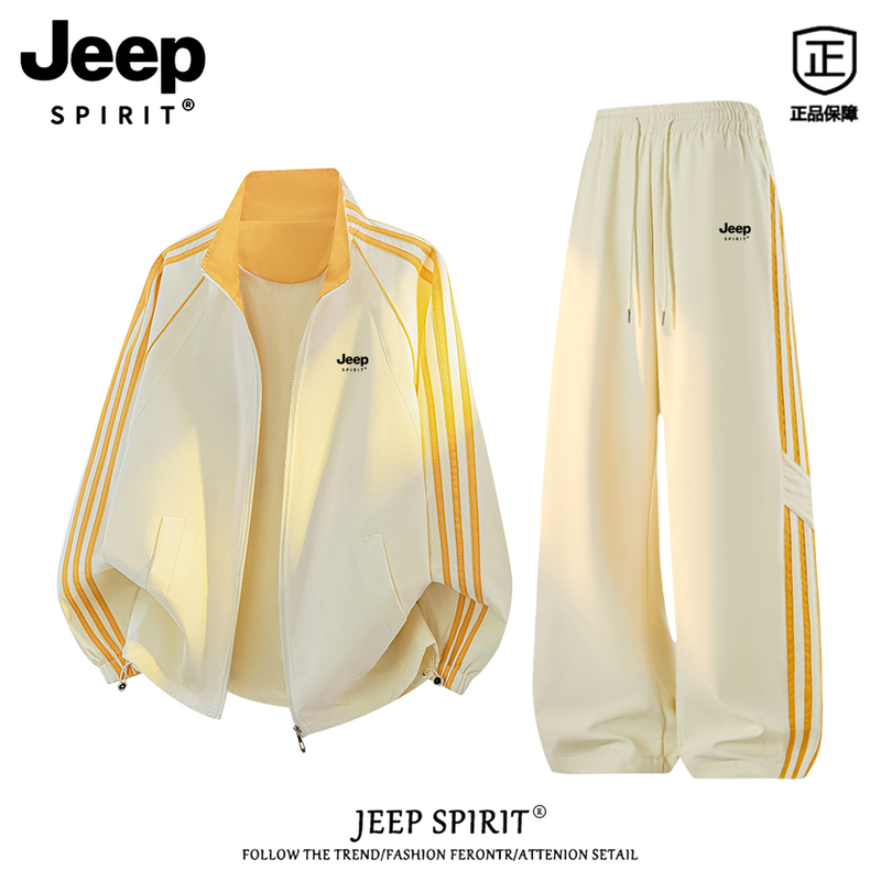 Jeep Spirit American-Style Three-Stripe Jacket Set for Men, Autumn Casual Sports Striped Outfit Complete Set Jeep Spirit American-Style Three-Stripe Jacket Set for Men, Autumn Casual Sports Striped Outfit Complete Set