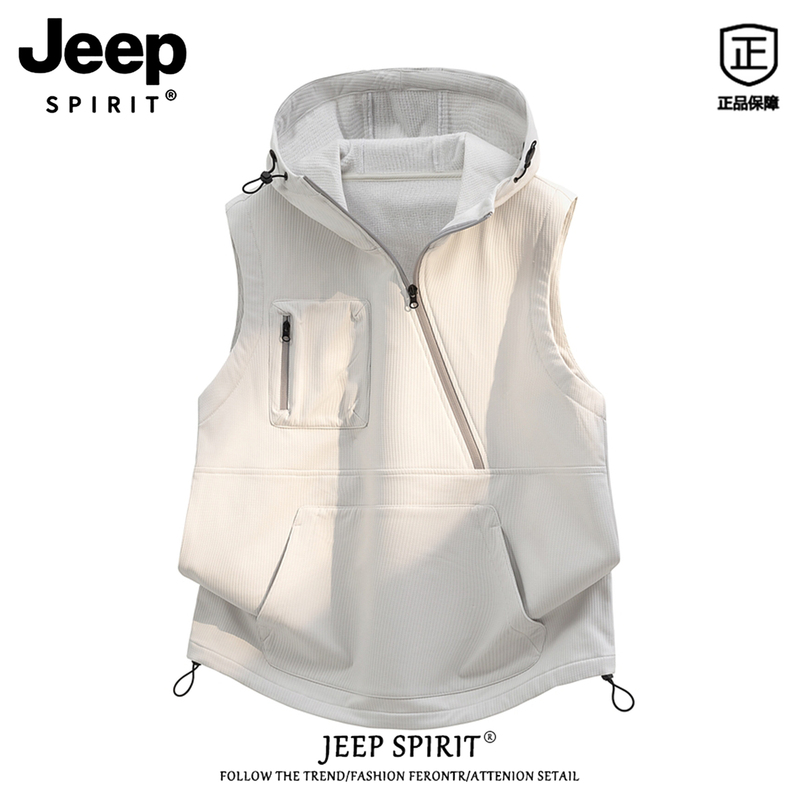 Jeep Spirit American-Style Design Hooded Vest for Men, Loose Fit, Versatile for Autumn, Sports Vest Jacket