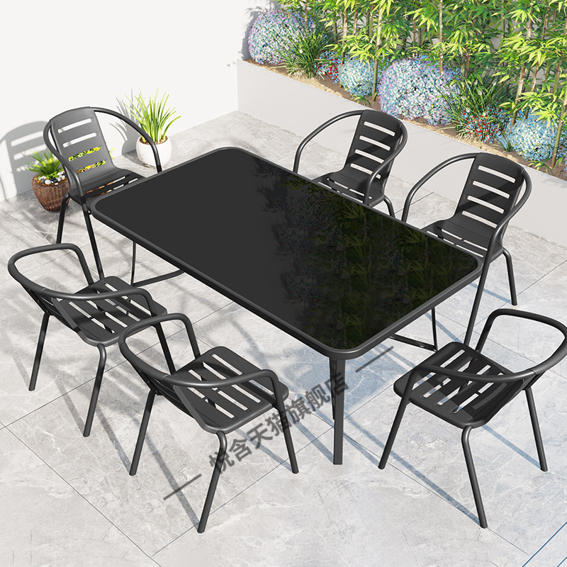 Outdoor Table and Chair Set for Courtyard Leisure, Outdoor Tea Table and Six Chairs for Yard, Tea Table for Display Outside Shop Entrance