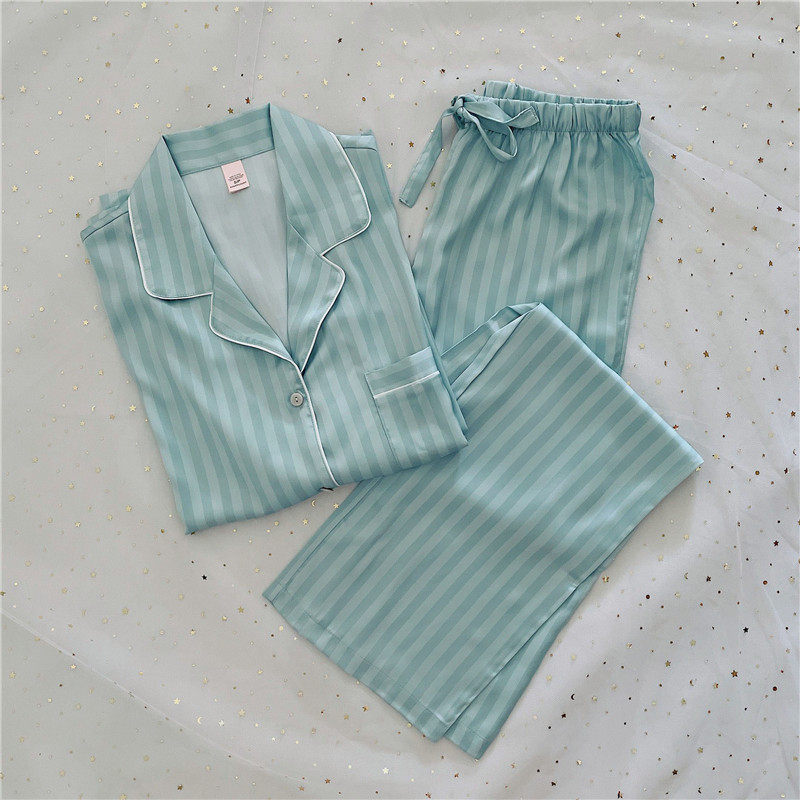2022 new products spring Tiffi ni blue striped real silk sleepwear woman spring autumn ice silk long sleeve long pants two pieces
