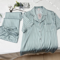 Advanced Senses Teenage Girl Real Silk Slide Tiffs Ni Striped Short Sleeves Long Pants Pyjamas Women Summer Ice Silk Two Sets 2022 New Products