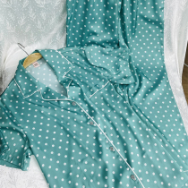 Advanced Sensation White Green Wave Point Emulation Silk Light Lavish Short Sleeves Long Pants Pyjamas Womens Summer Ice Silk Suit