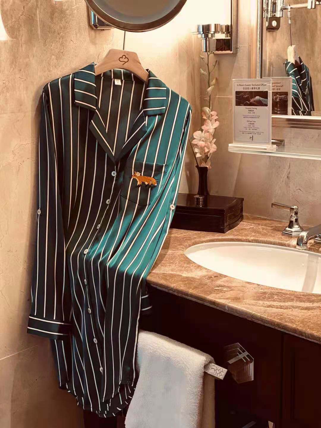 Star with the same black striped spring and summer simulation silky smooth nightdress long-sleeved pajamas women's thin embroidery small milk dog