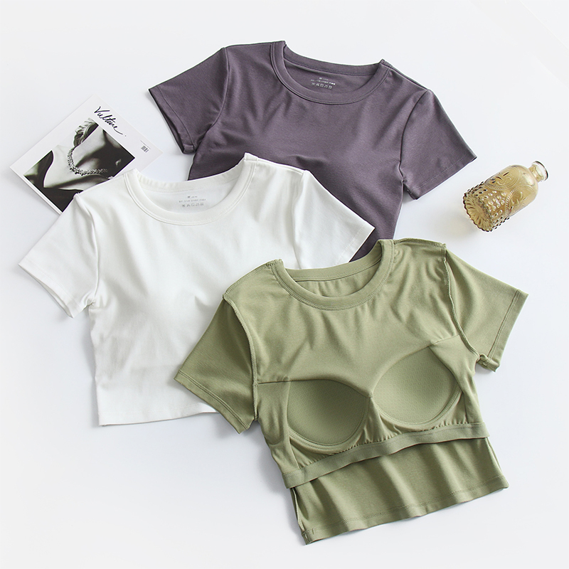 New Style Small Round Neck Tie Bra Integrated Short-Sleeve T-Shirt for Women, High-Waisted Short Crop Top, Yoga Base Layer for Summer New Style Small Round Neck Tie Bra Integrated Short-Sleeve T-Shirt for Women, High-Waisted Short Crop Top, Yoga Base Layer for Summer