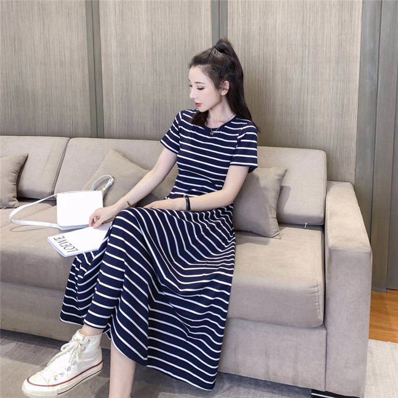 Short-Sleeved Pure Cotton Dress for Women, Summer Striped Round Neck Casual Waist-Cinching Slimming Plus Size A-Line Maxi Dress