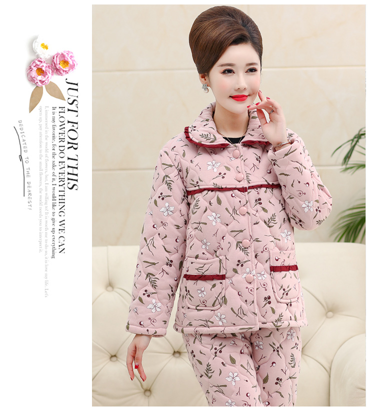 Đồ ngủ mùa đông của phụ nữ cotton ba lớp dày trung niên cộng với bông bông mùa đông trung niên ấm áp bộ pijama
