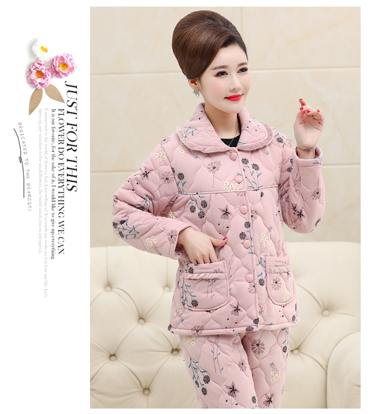 Đồ ngủ mùa đông của phụ nữ cotton ba lớp dày trung niên cộng với bông bông mùa đông trung niên ấm áp bộ pijama
