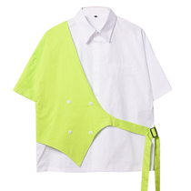 Hip Hop Male Collision Color Short Sleeve Pure Cotton Shirt Summer Tooling Japan Hypotenuse Asymmetrical Collision Color Macchia Suit 242