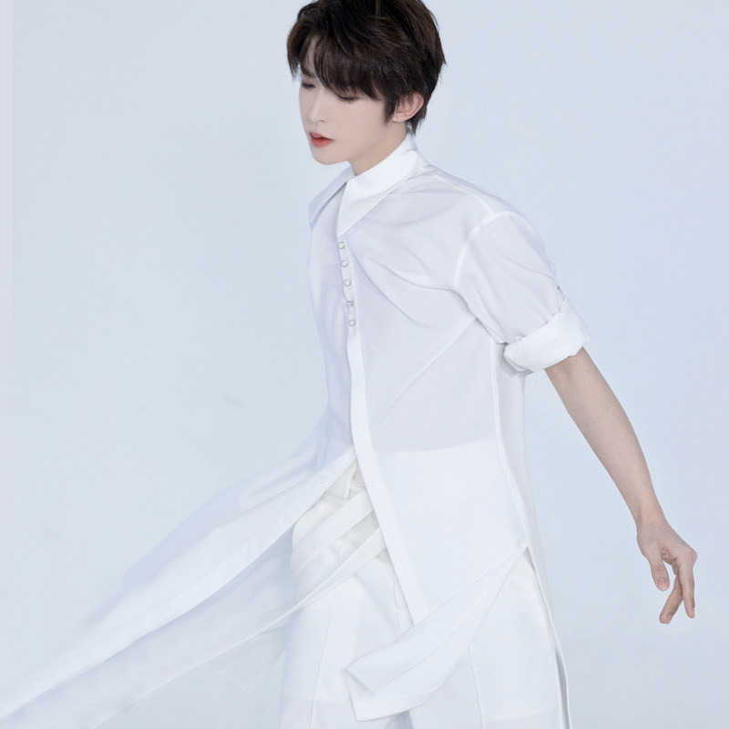 Liu Yu star with the same white shirt drape asymmetric long version elegant shirt men's team women's team children's catwalk 272
