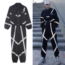 Hip-hop reflective stitching jumpsuit trendy male star sports tooling loose jumpsuit hip-hop team custom 303