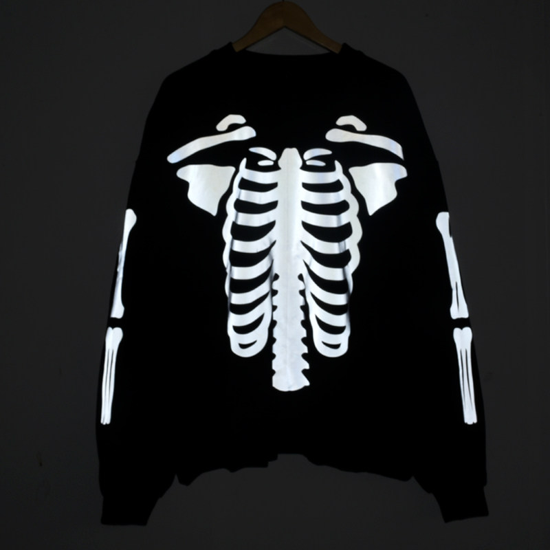 Fried street hip-hop cotton loose round neck thick cotton T male 3M reflective skull skeleton female long-sleeved T team custom 329
