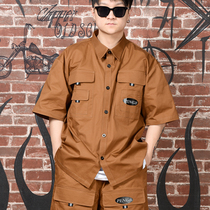 Summer Boys Short Sleeve Tooling Shirt Tide Male Skateboard Hip Hop Loose Jacket Lining Street Dance Team Custom 111