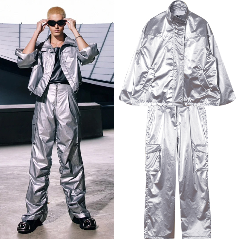 Futuristic Metallic Silver Casual Suit Functional Jacket Cargo Pants Street Dance Team Performance Outfit 401 Futuristic Metallic Silver Casual Suit Functional Jacket Cargo Pants Street Dance Team Performance Outfit 401