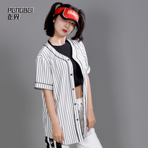 Short-sleeved baseball uniform womens retro striped cardigan bboy loose couple Shirt street dance team custom TM604
