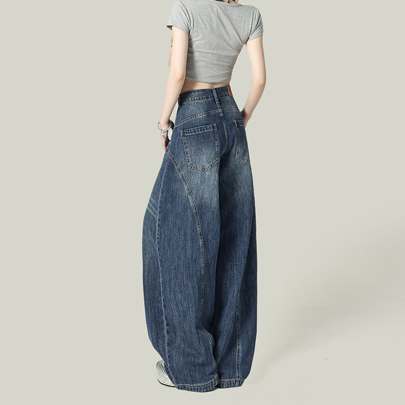 Mk American-Style Dark Blue Relaxed Wide-Leg Jeans for Women 2026 Summer New High-Waisted Drapey Silhouette Scimitar Pants