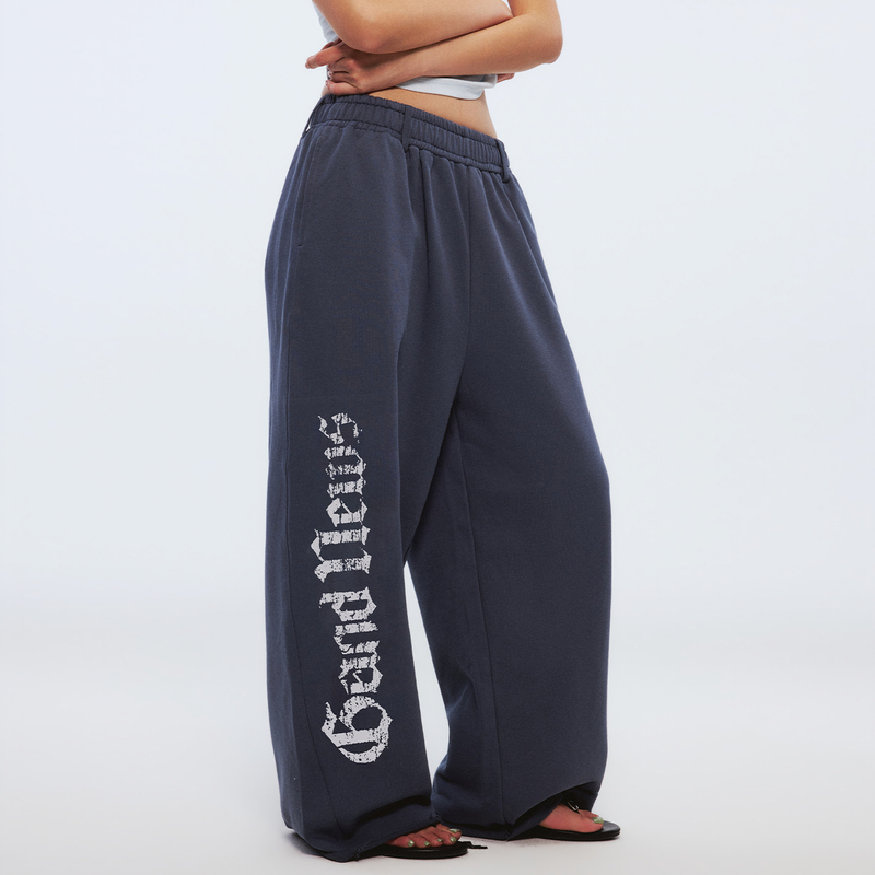 Heyabc American-Style Distressed Letter Blue-Gray Printed Casual Pants for Women, Loose and Drapey, Dance and Sports Wide-Leg Sweatpants