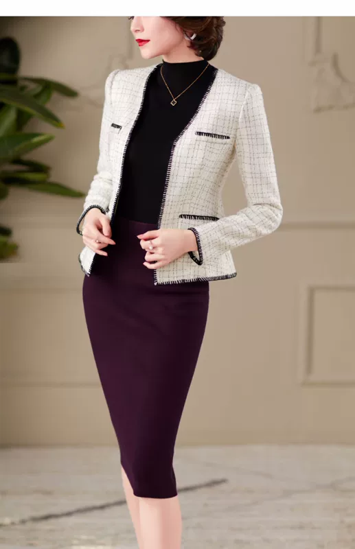 Bụi mặt nhỏ nước hoa gió áo khoác nữ tính khí cardigan ngắn nước ngoài OL áo khoác nữ màu trắng F990 - Áo khoác ngắn