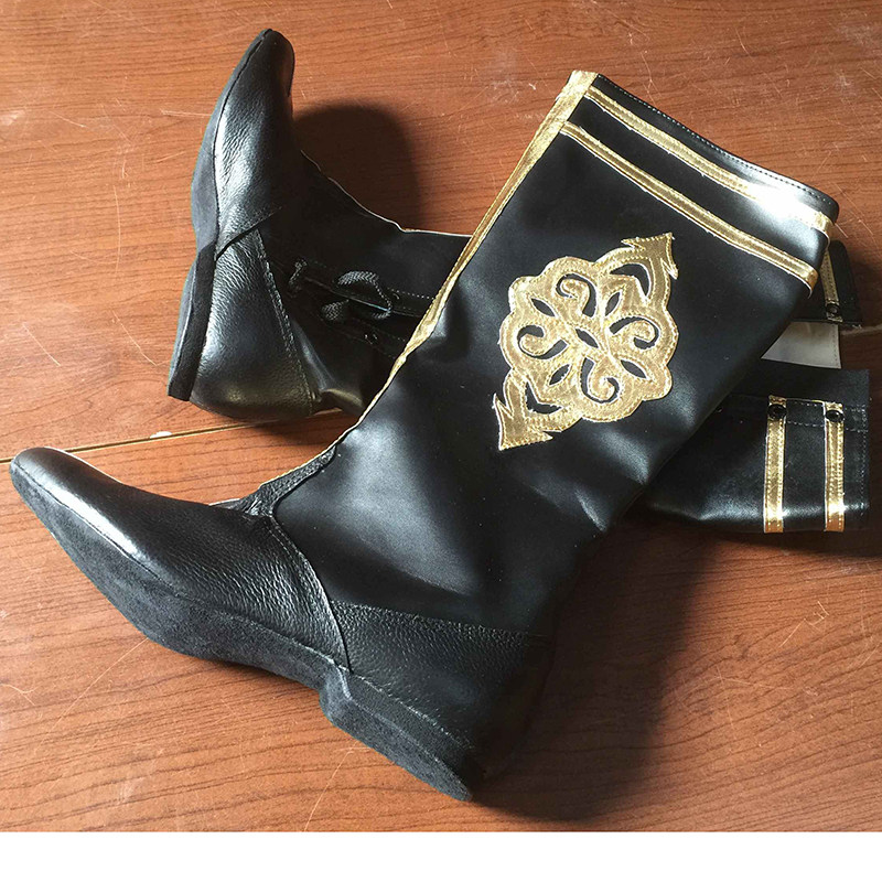 Dance boots Multi-dance soft-soled folk dance boots Men's and women's dance shoes Half leather half leather 1cm low heel zipper lace-up