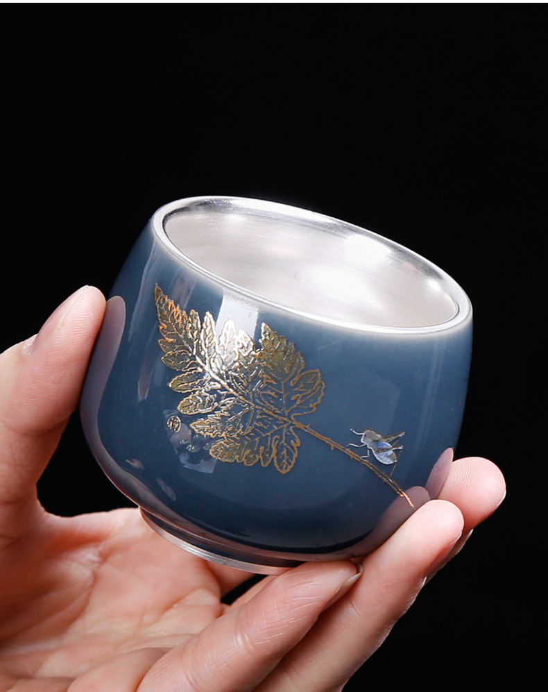 Silver cup 999 sterling Silver cup pure manual kung fu tea set ceramic coppering. As Silver sample tea cup master cup home