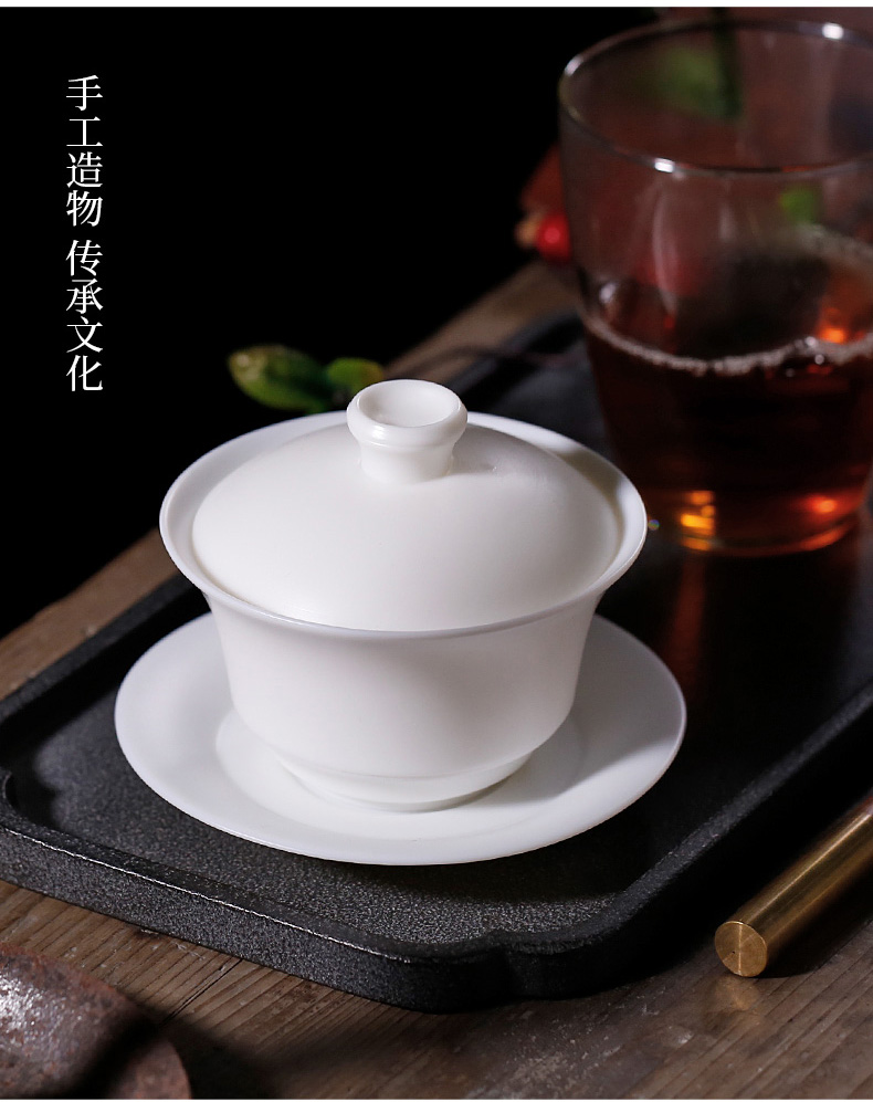 Guo - jin zhang biscuit firing suet jade kongfu tea tureen single dehua white porcelain cups bamboo three worship the bowl