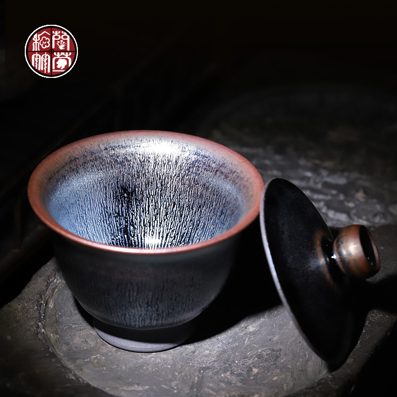 Jianyang undressed ore glaze Chen Guofei manual build light footed tureen authentic ceramic cups tire iron hand grasp a pot of tea bowl
