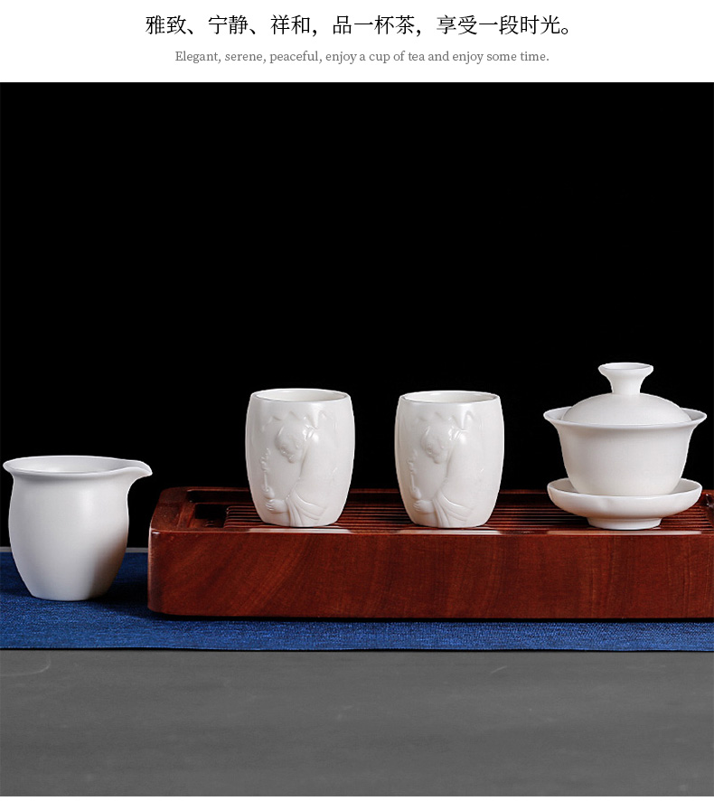 Suet jade bowl is pure manual dehua white porcelain three tureen only three sets of kung fu tea set dip teapot tea cups