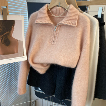 Half-Zip! Korean Dongdaemun Stylish Warm Thick Wool and Mohair Pullover Knit Sweater for Women